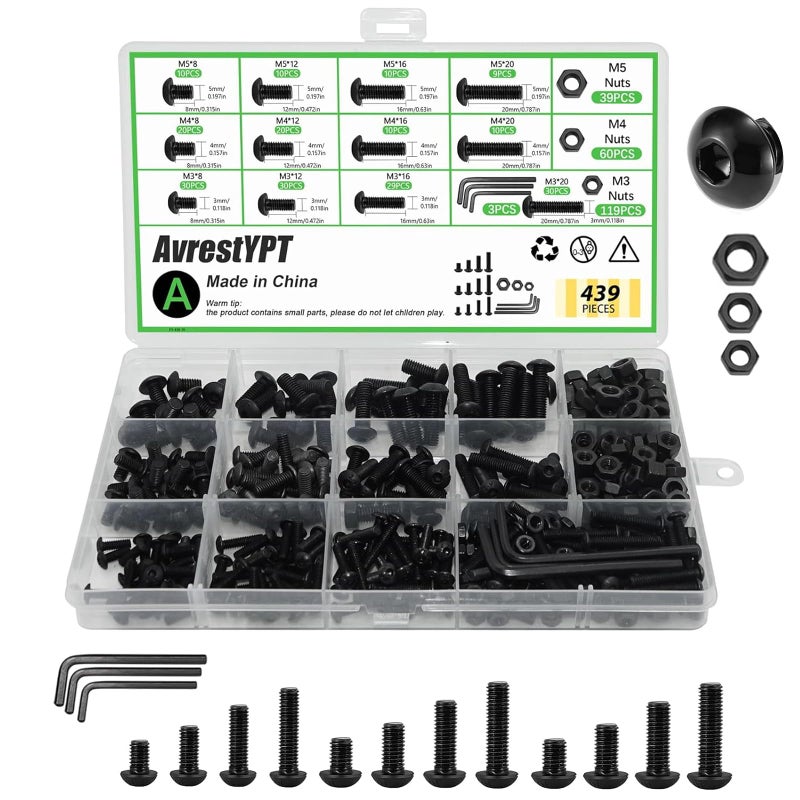 AvrestYPT 439PCS Metric Bolt and Nut Assortment Kit - M3 M4 M5 Machine Screws with Lock & Flat Washers, Grade 10.9 Alloy Steel Hex Socket Button Head Silver Screw Set for Hardware, 3D Printer, and DIY Projects - Image 1
