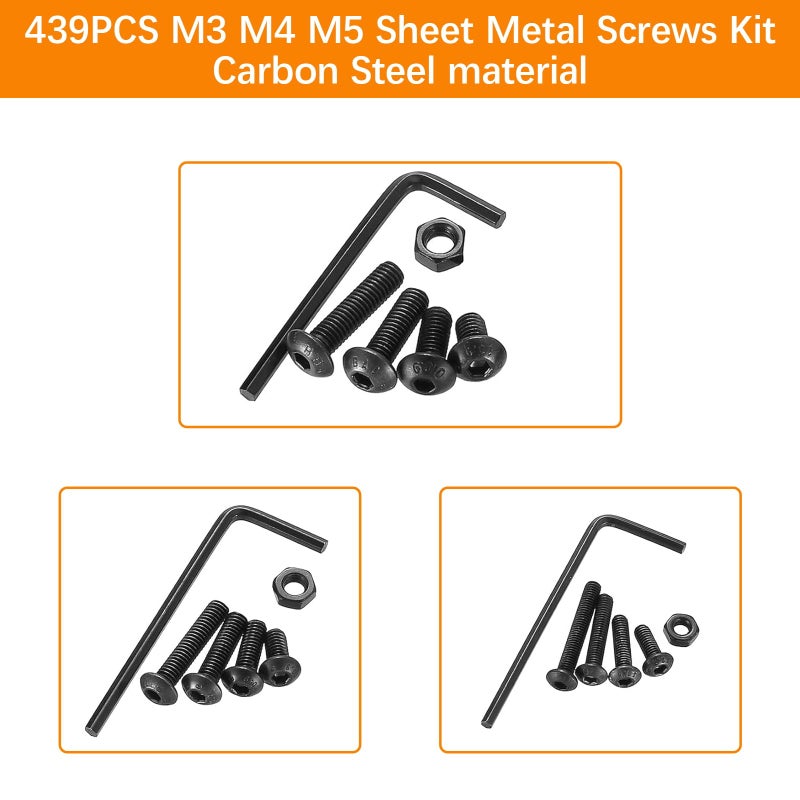 AvrestYPT 439PCS Metric Bolt and Nut Assortment Kit - M3 M4 M5 Machine Screws with Lock & Flat Washers, Grade 10.9 Alloy Steel Hex Socket Button Head Silver Screw Set for Hardware, 3D Printer, and DIY Projects - Image 4
