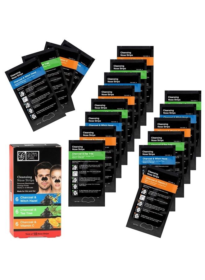 Global Beauty Care 18 Nose Cleansing Strips VARIETY PACK Charcoal with Tea Tree, Witch Hazel, & Vitamin C For Blackheads Removal Strips - 18 Ct - Image 1