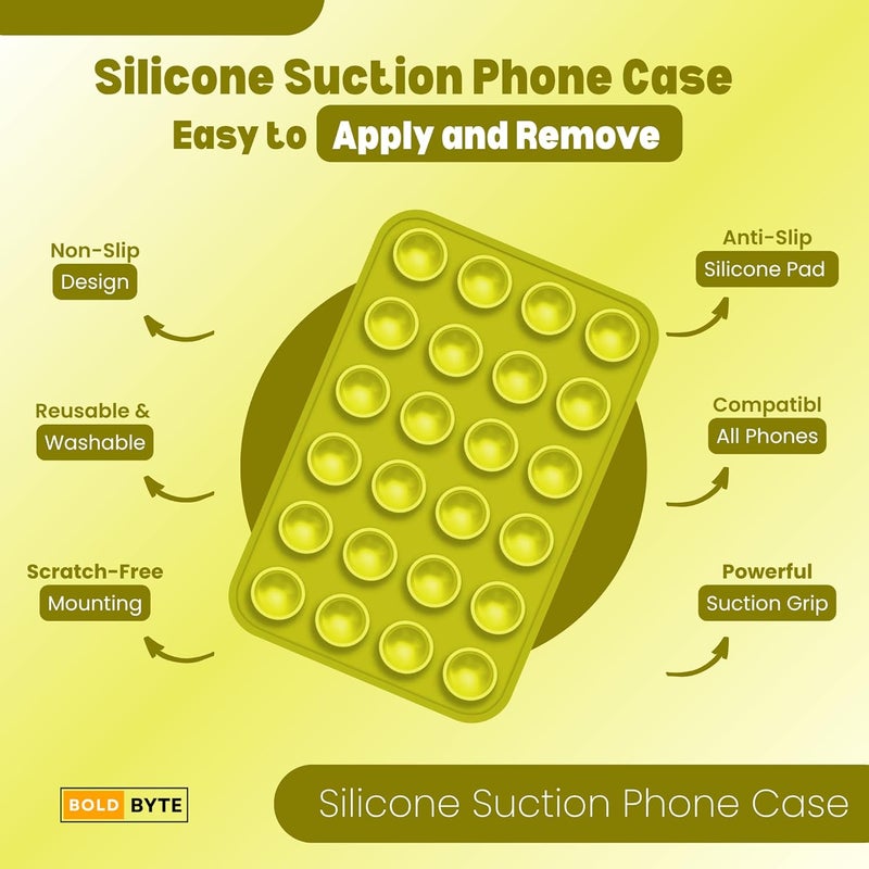 Bold Byte حامل هاتف بملصق | غلاف هاتف بملصق، وسادات لاصقة من السيليكون غير قابلة للانزلاق، حامل متعدد الاستخدامات بدون استخدام اليدين لصور السيلفي، الفيديوهات، الاستحمام، لوحة القيادة في السيارة (أصفر) - Image 2