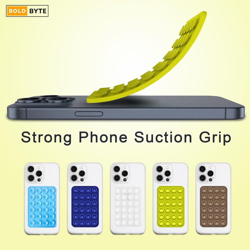 Bold Byte حامل هاتف بملصق | غلاف هاتف بملصق، وسادات لاصقة من السيليكون غير قابلة للانزلاق، حامل متعدد الاستخدامات بدون استخدام اليدين لصور السيلفي، الفيديوهات، الاستحمام، لوحة القيادة في السيارة (أصفر) - Image 3