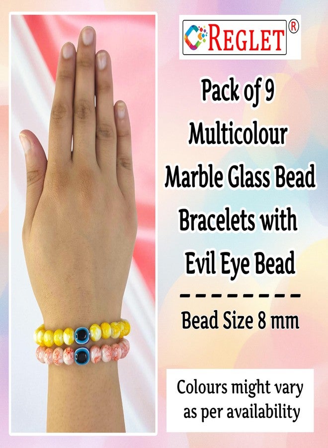 REGLET Pack of 9 - Marble Glass Bead Bracelet Set with Evil Eye Bead - Mullticolour - Handcrafted Stretchable Bracelet for Girls Stylish, Women, Kids - Bead Size 8mm - Image 3