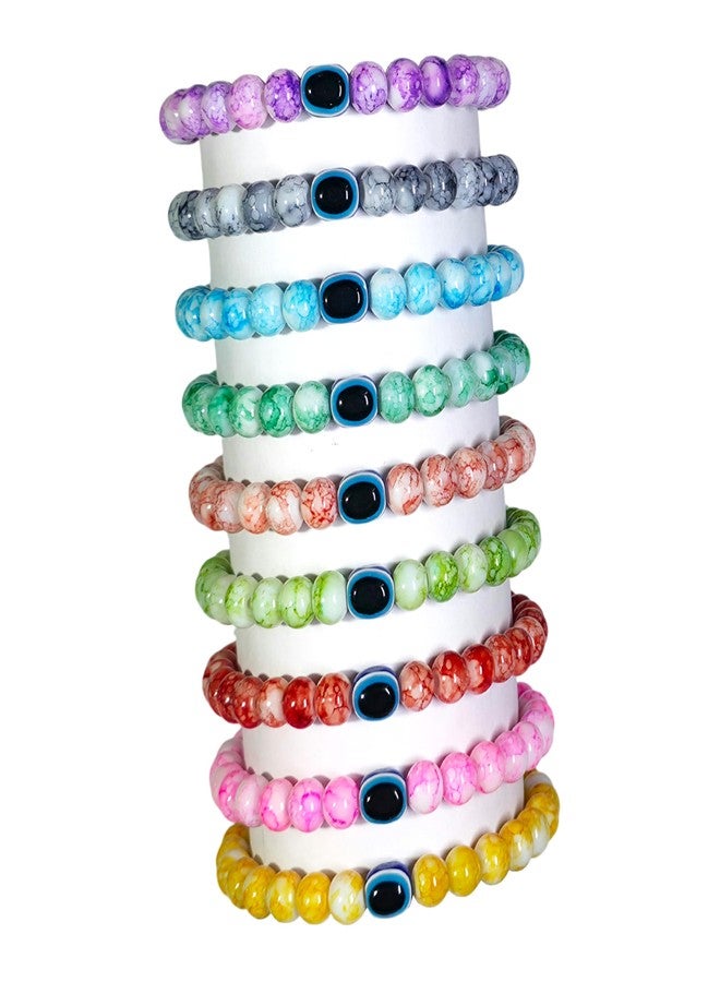 REGLET Pack of 9 - Marble Glass Bead Bracelet Set with Evil Eye Bead - Mullticolour - Handcrafted Stretchable Bracelet for Girls Stylish, Women, Kids - Bead Size 8mm - Image 2