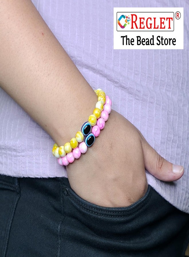 REGLET Pack of 9 - Marble Glass Bead Bracelet Set with Evil Eye Bead - Mullticolour - Handcrafted Stretchable Bracelet for Girls Stylish, Women, Kids - Bead Size 8mm - Image 5