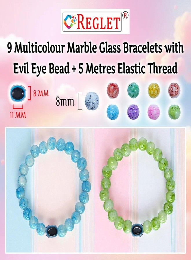 REGLET Pack of 9 - Marble Glass Bead Bracelet Set with Evil Eye Bead - Mullticolour - Handcrafted Stretchable Bracelet for Girls Stylish, Women, Kids - Bead Size 8mm - Image 4