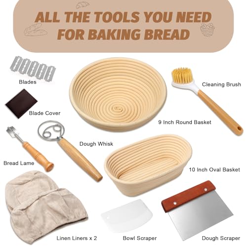 EWFEN Sourdough Proofing Basket Gift Set, 9" Round and 10" Oval Banneton Bread Baking Supplies, Sourdough Baskets with Bread Lame, Danish Whish, Bowl Scraper, Sourdough Scraper, and Linen Liners - Image 5