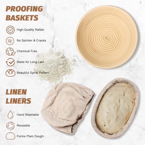EWFEN Sourdough Proofing Basket Gift Set, 9" Round and 10" Oval Banneton Bread Baking Supplies, Sourdough Baskets with Bread Lame, Danish Whish, Bowl Scraper, Sourdough Scraper, and Linen Liners - Image 2