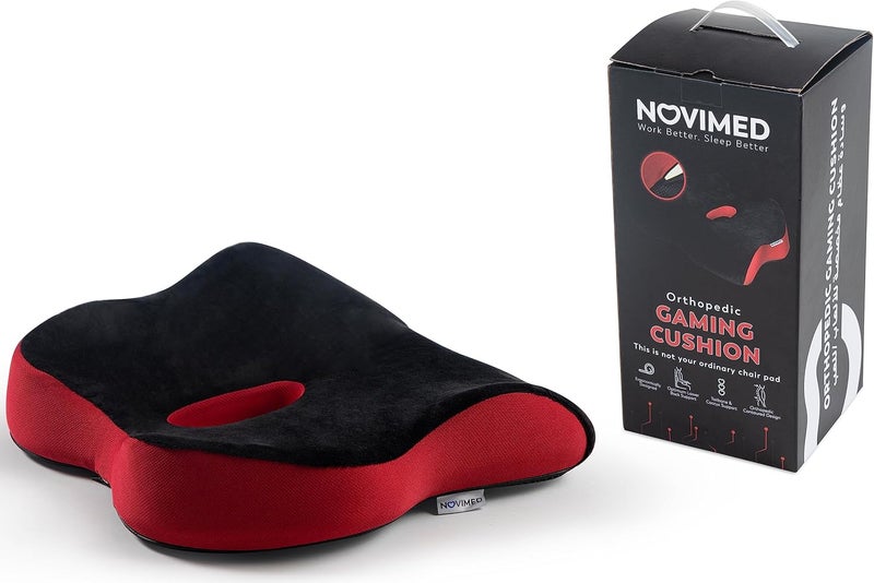 NOVIMED Memory Foam Chair Cushion - Ergonomic Support for Gaming, Car, and Office Chairs - Pain Relief for Sciatica, Back, Tailbone, and Hemorrhoid - Black & Red - Image 1