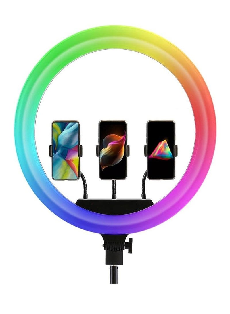 إضاءة رينج LED ناعمة 18 إنش RGB – 16 لون RGB مع 3 حوامل هواتف وحامل صغير لمقاطع يوتيوب، إنستاجرام ريلز، البث المباشر، وفيديوهات المكياج - Image 5