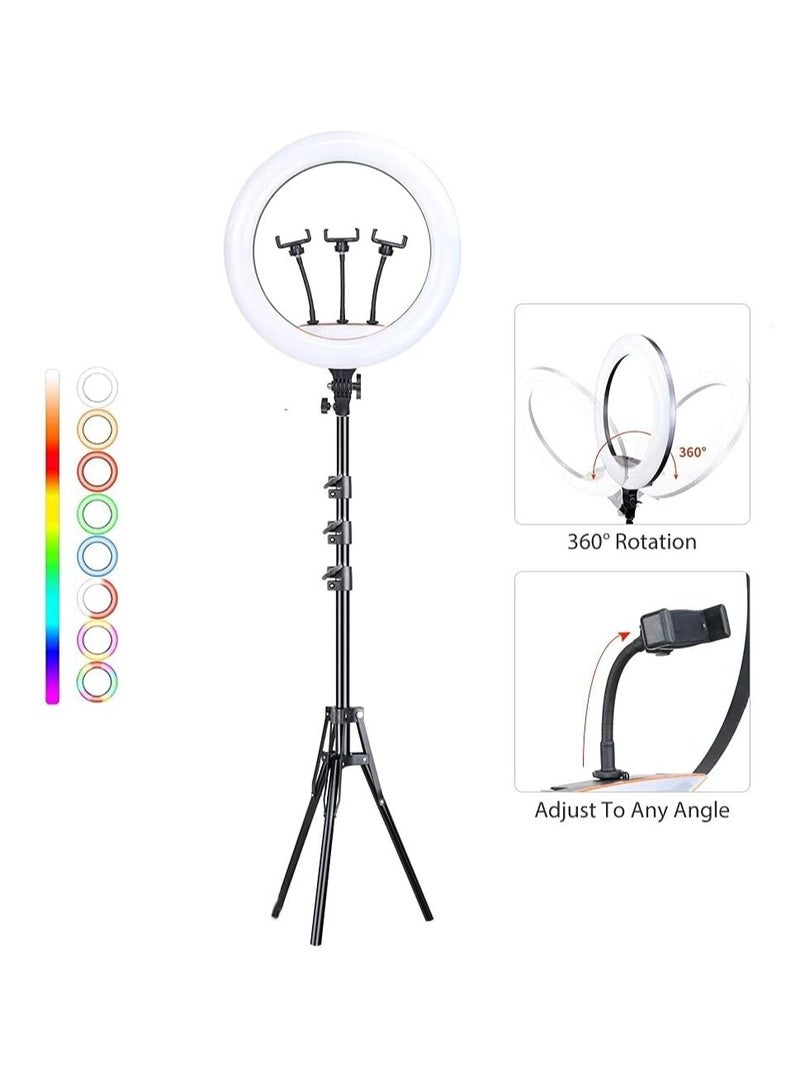إضاءة رينج LED ناعمة 18 إنش RGB – 16 لون RGB مع 3 حوامل هواتف وحامل صغير لمقاطع يوتيوب، إنستاجرام ريلز، البث المباشر، وفيديوهات المكياج - Image 1