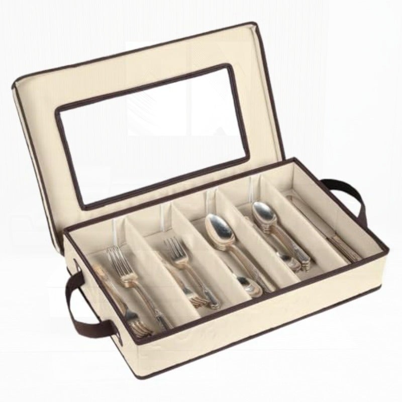 Flatware Case - Durable 5 Compartment Silverware Container Box with Removable Lid and Easy to Carry Handles - Large Capacity Keeps Your Cutlery Organized and Protected - Image 1