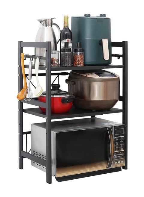 Extendable Microwave Oven Rack,Expandable Horizontal Extension Microwave Shelf Toaster Oven Stand Rice Cooker Stand Kitchen Counter Top Organizer 2-tier with 6 Hooks