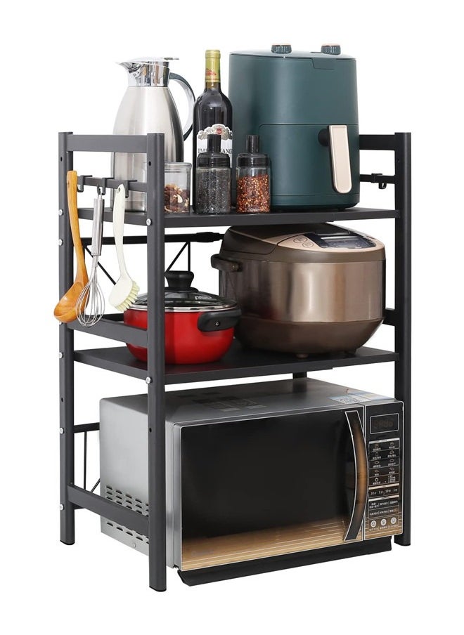 Extendable Microwave Oven Rack,Expandable Horizontal Extension Microwave Shelf Toaster Oven Stand Rice Cooker Stand Kitchen Counter Top Organizer 2-tier with 6 Hooks