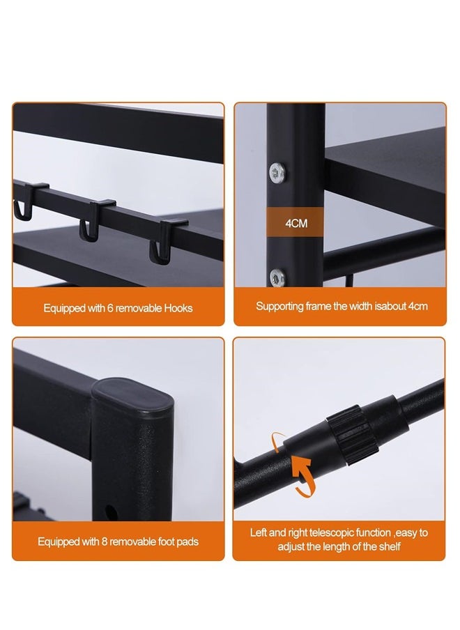 Extendable Microwave Oven Rack,Expandable Horizontal Extension Microwave Shelf Toaster Oven Stand Rice Cooker Stand Kitchen Counter Top Organizer 2-tier with 6 Hooks