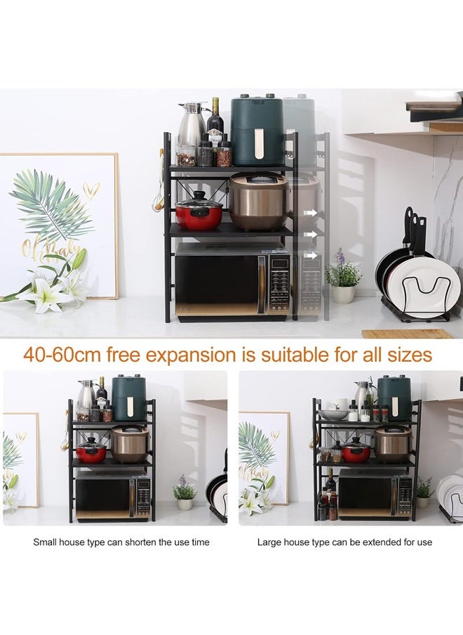 Extendable Microwave Oven Rack,Expandable Horizontal Extension Microwave Shelf Toaster Oven Stand Rice Cooker Stand Kitchen Counter Top Organizer 2-tier with 6 Hooks
