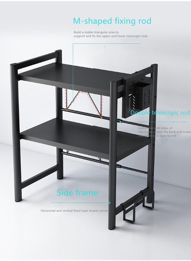 Extendable Microwave Oven Rack,Expandable Horizontal Extension Microwave Shelf Toaster Oven Stand Rice Cooker Stand Kitchen Counter Top Organizer 2-tier with 6 Hooks