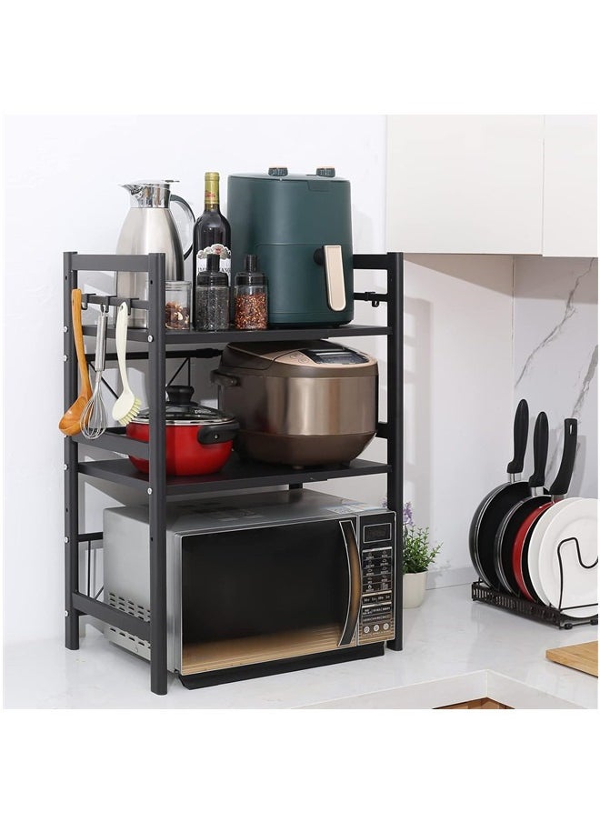 Extendable Microwave Oven Rack,Expandable Horizontal Extension Microwave Shelf Toaster Oven Stand Rice Cooker Stand Kitchen Counter Top Organizer 2-tier with 6 Hooks