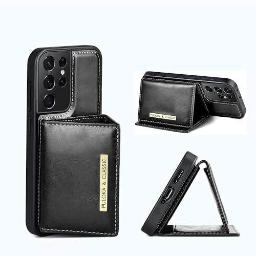 PULOKA Wallet Back Case - Compatible for Samsung S21 Ultra - Vegan Leather Phone Cover - Detachable Card Holder Case with Kickstand - Shockproof, Anti Scratch & Raised Edges for Protection - Black - Image 1