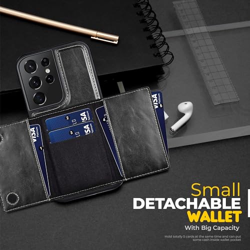 PULOKA Wallet Back Case - Compatible for Samsung S21 Ultra - Vegan Leather Phone Cover - Detachable Card Holder Case with Kickstand - Shockproof, Anti Scratch & Raised Edges for Protection - Black - Image 5