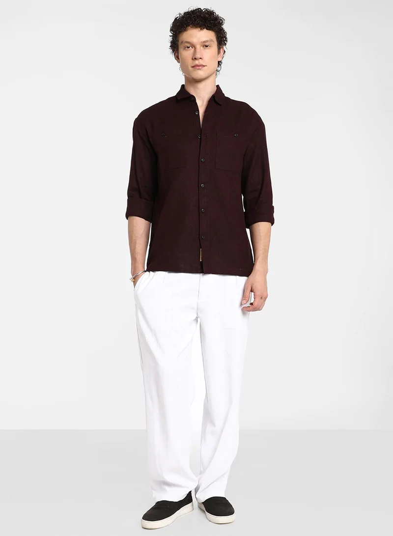 كامبوس سوترا Men's Burgundy Red Solid Utility Shirt