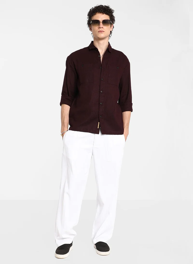 كامبوس سوترا Men's Burgundy Red Solid Utility Shirt
