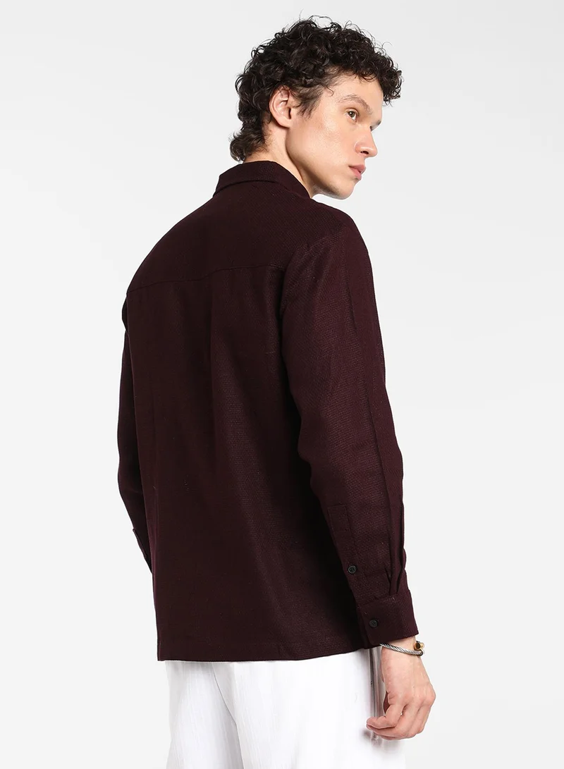 كامبوس سوترا Men's Burgundy Red Solid Utility Shirt