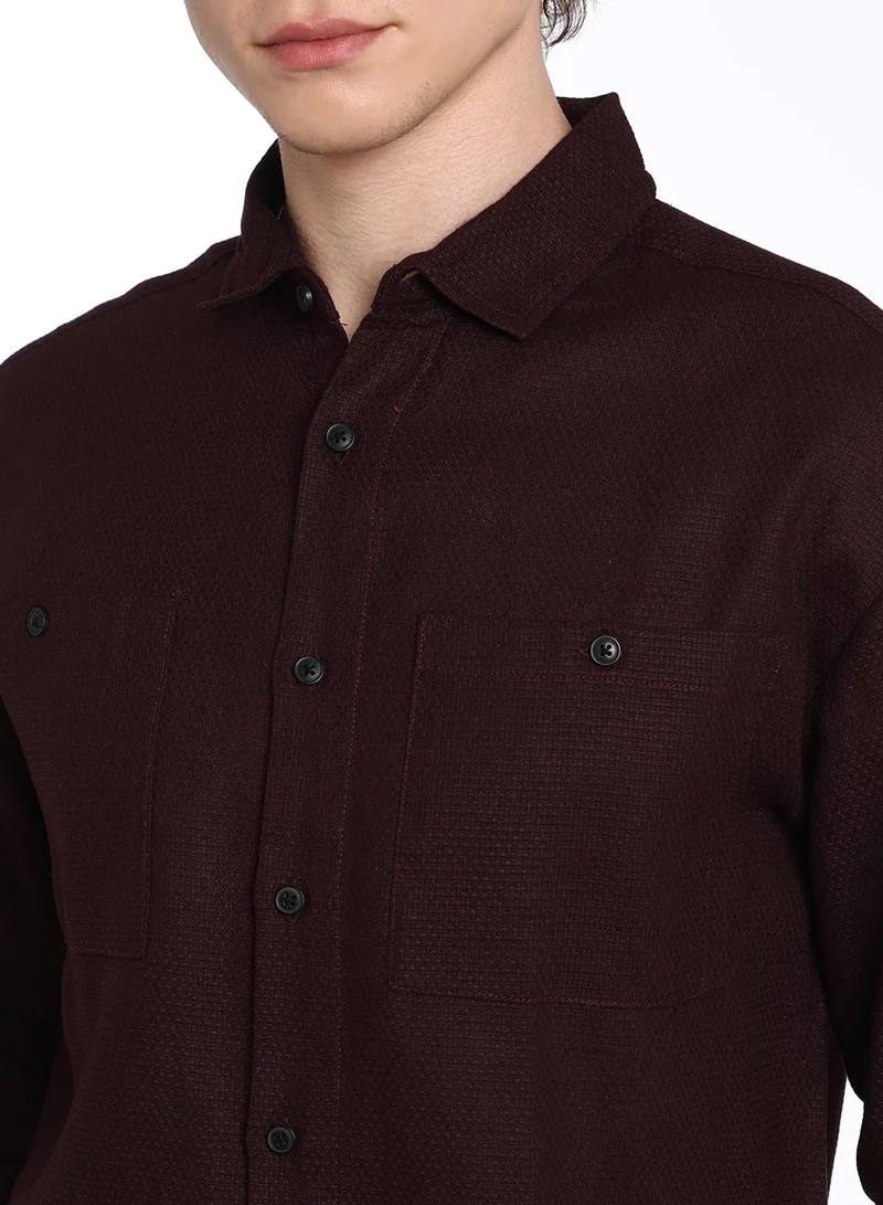 كامبوس سوترا Men's Burgundy Red Solid Utility Shirt