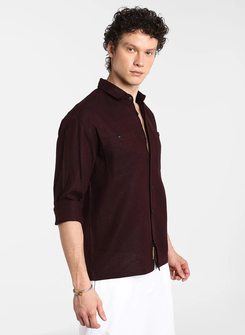 كامبوس سوترا Men's Burgundy Red Solid Utility Shirt