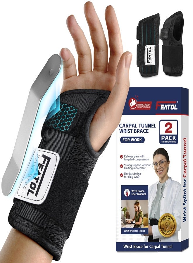 FEATOL 2 Pack Carpal Tunnel Wrist Brace For Work With Wrist Splint, 6.5'' Wrist Brace Night Support For Women Men, Pain Relief For Tendonitis, Arthritis, Pregnancy, Typing, Right and Left Hand, Medium - Image 1