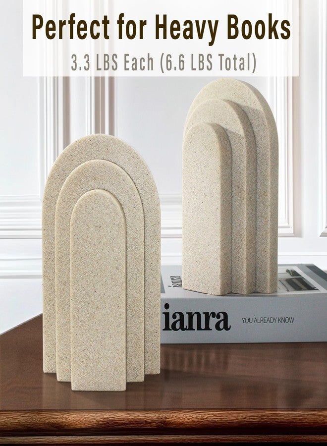 LIN CHUAN Heavy Duty Bookends for Shelves, 6.6 LBS Heavy Book Ends for Heavy Books, Decorative Modern Bookends with Faux Sandstone Look, Layered Arch Book Stopper for Bookshelf Holder Set of 2, Beige - Image 4
