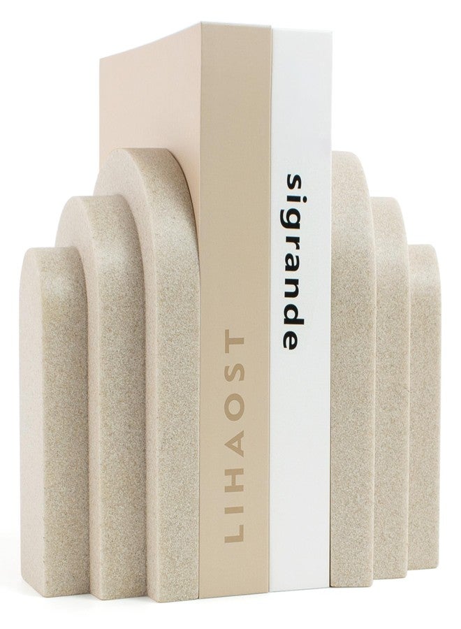 LIN CHUAN Heavy Duty Bookends for Shelves, 6.6 LBS Heavy Book Ends for Heavy Books, Decorative Modern Bookends with Faux Sandstone Look, Layered Arch Book Stopper for Bookshelf Holder Set of 2, Beige - Image 1