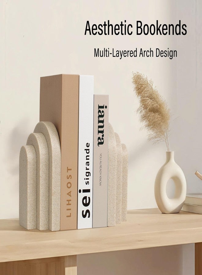 LIN CHUAN Heavy Duty Bookends for Shelves, 6.6 LBS Heavy Book Ends for Heavy Books, Decorative Modern Bookends with Faux Sandstone Look, Layered Arch Book Stopper for Bookshelf Holder Set of 2, Beige - Image 2