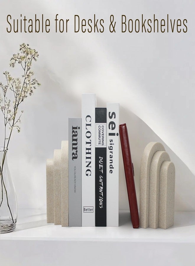 LIN CHUAN Heavy Duty Bookends for Shelves, 6.6 LBS Heavy Book Ends for Heavy Books, Decorative Modern Bookends with Faux Sandstone Look, Layered Arch Book Stopper for Bookshelf Holder Set of 2, Beige - Image 5