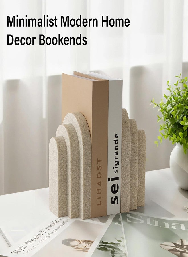 LIN CHUAN Heavy Duty Bookends for Shelves, 6.6 LBS Heavy Book Ends for Heavy Books, Decorative Modern Bookends with Faux Sandstone Look, Layered Arch Book Stopper for Bookshelf Holder Set of 2, Beige - Image 3