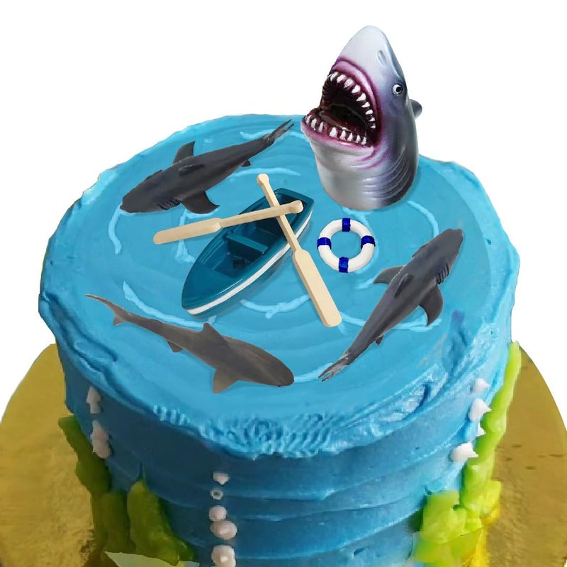 ChoJoy Shark Cake Toppers Beach Shark Cake Decorations Set with Four Sharks Boat Paddle Life Buoy for Shark Themed Birthday Party - Image 3