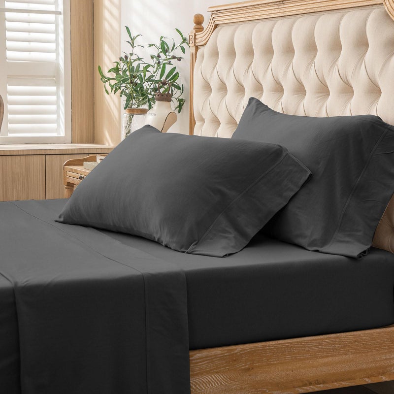 PURE ERA PURE ERA Jersey Knit 4pc Bed Sheet Set 100% T-Shirt Cotton Super Soft Comfy Breathable Fits Mattress Up to 20"" Extra Deep Pocket (Solid Deep Grey  Queen)  - Image 5