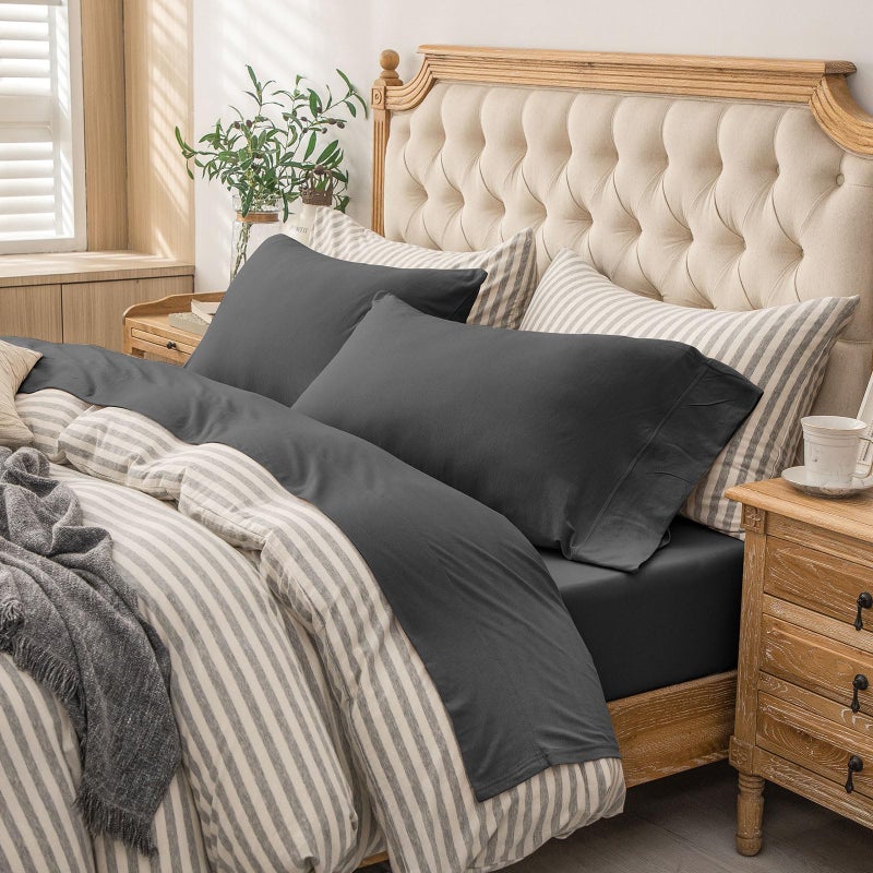 PURE ERA PURE ERA Jersey Knit 4pc Bed Sheet Set 100% T-Shirt Cotton Super Soft Comfy Breathable Fits Mattress Up to 20"" Extra Deep Pocket (Solid Deep Grey  Queen)  - Image 4