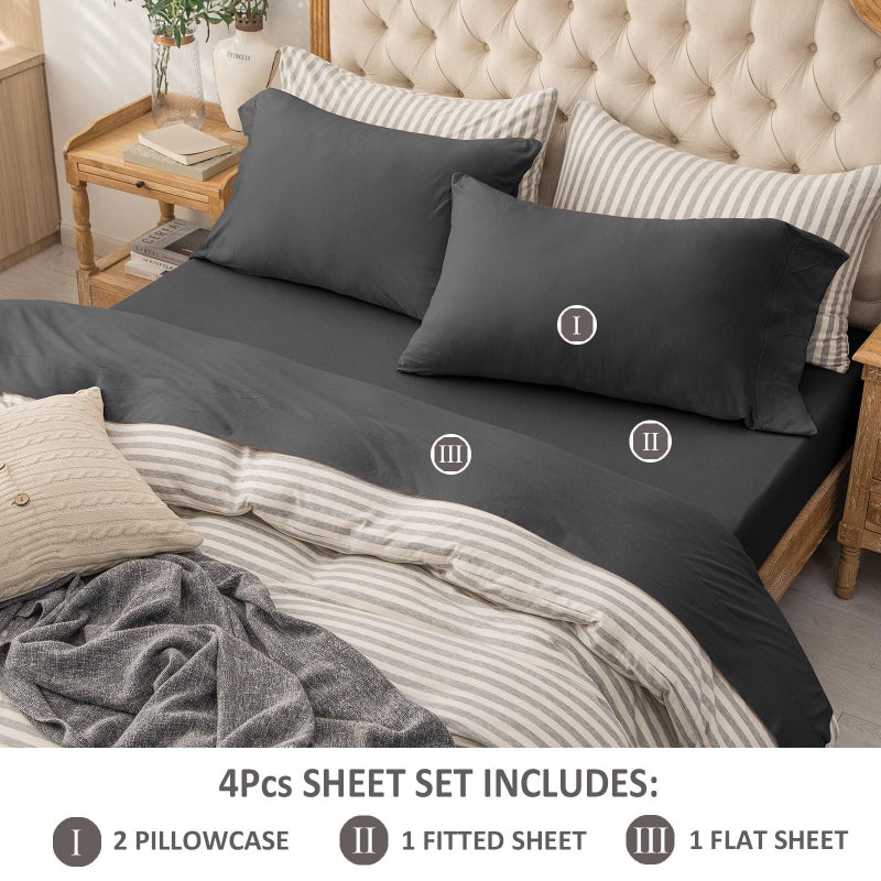 PURE ERA PURE ERA Jersey Knit 4pc Bed Sheet Set 100% T-Shirt Cotton Super Soft Comfy Breathable Fits Mattress Up to 20"" Extra Deep Pocket (Solid Deep Grey  Queen)  - Image 2