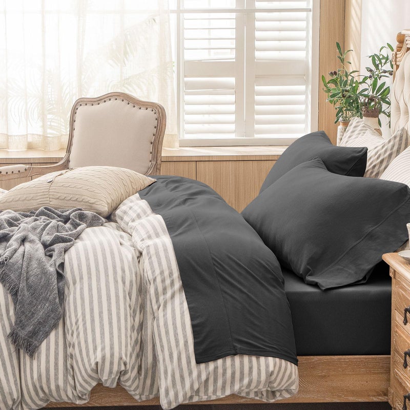 PURE ERA PURE ERA Jersey Knit 4pc Bed Sheet Set 100% T-Shirt Cotton Super Soft Comfy Breathable Fits Mattress Up to 20"" Extra Deep Pocket (Solid Deep Grey  Queen)  - Image 1