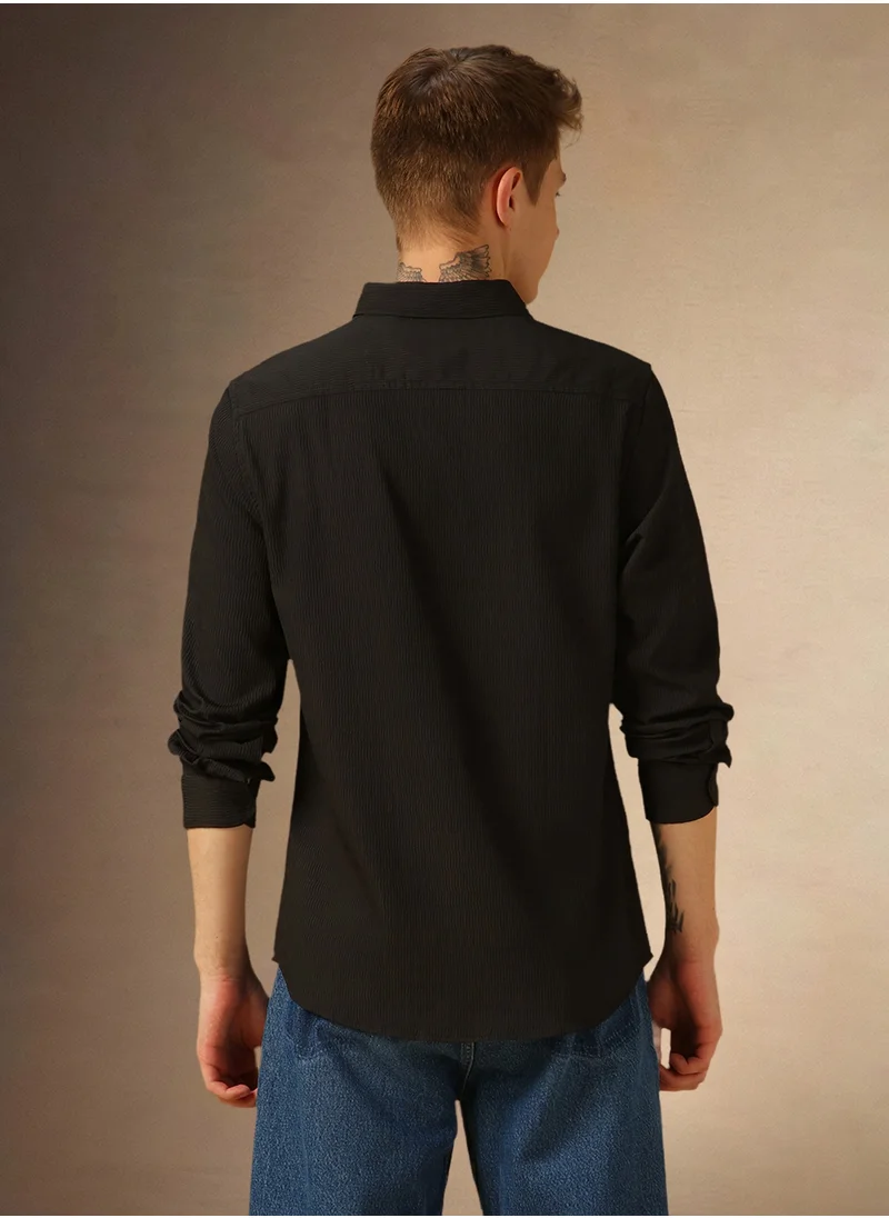 دينيس لينغو Regular Fit Black Shirt Spread Collar