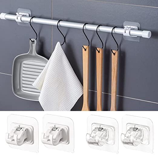 basma RP MALL Curtain Rod Brackets No Drilling Self Adhesive White Sticky Wall Hooks for Nail Free Adjustable Curtain Rod Bracket Holder Wall Brackets Hanger for Towel Rod Curtain Pole Pack of 2 - Image 5