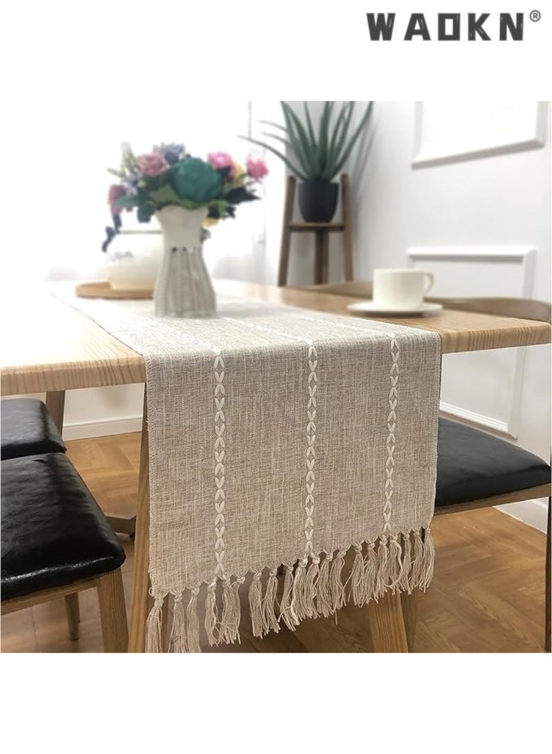 WAOKN Extended Length Macrame Table Runner - Farmhouse Vintage Style, Woven from Burlap Cotton for a Rustic Boho Look. Spliced Design with Tassels for Enhanced Elegance. Perfect for Wedding, Shower, Party, Kitchen & Dining Table Decorations - Extra Long 13 x 144 Inch - Image 1