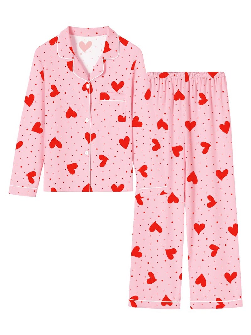 Umeyda Girls Pajamas Set, 2Pj Button-Down Sleepwear Long Sleeve for Kid 2 PJS, Pink Heart, 13-14 Years = Tag 170 - Image 1