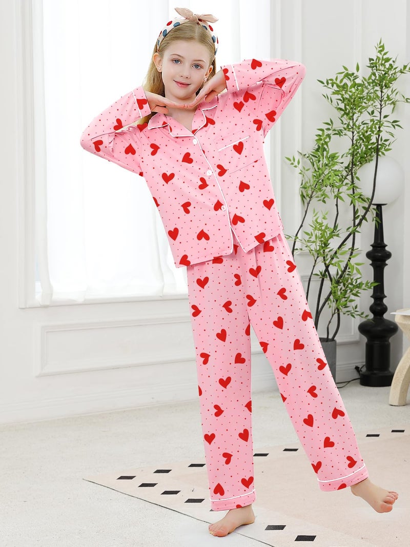 Umeyda Girls Pajamas Set, 2Pj Button-Down Sleepwear Long Sleeve for Kid 2 PJS, Pink Heart, 13-14 Years = Tag 170 - Image 3