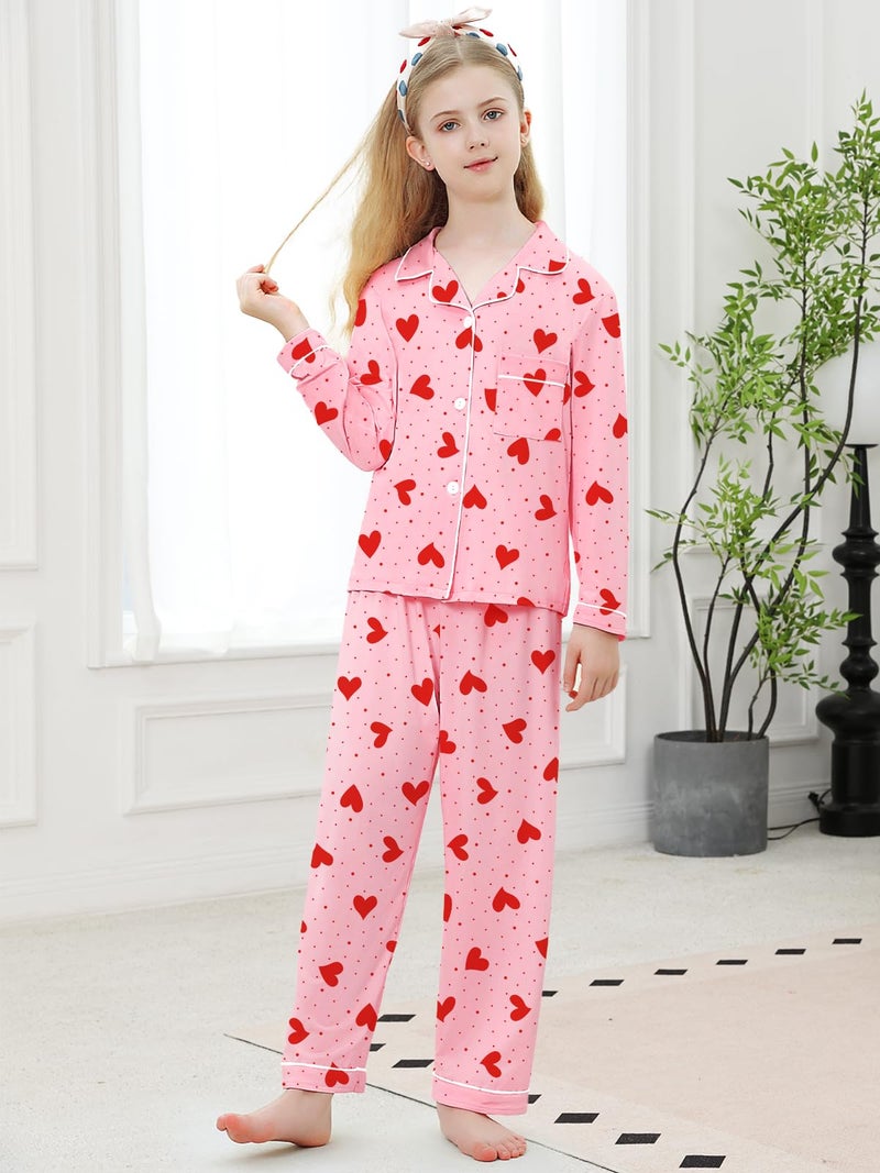 Umeyda Girls Pajamas Set, 2Pj Button-Down Sleepwear Long Sleeve for Kid 2 PJS, Pink Heart, 13-14 Years = Tag 170 - Image 2