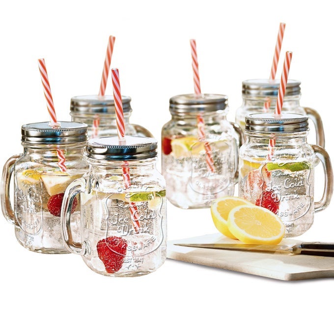 GLASS MASON JARS WITH HANDLES LID AND STRAW 16 OZ DRINKING GLASSES CUPS MUG SET FOR ICED COFFEE TEA SMOOTHIE SET OF 6