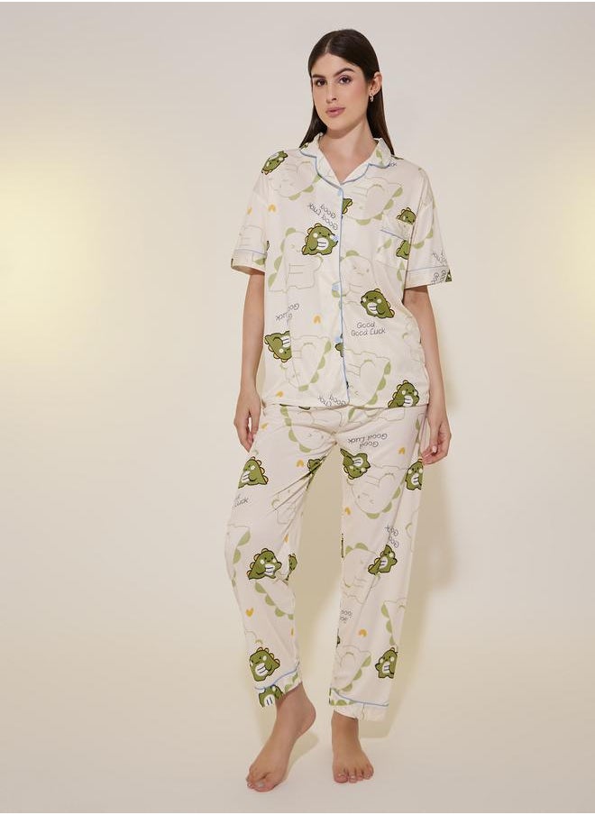 Take Two Dinosaur Print Short Sleeve Shirt, Shorts and Pyjama Set  - Image 1