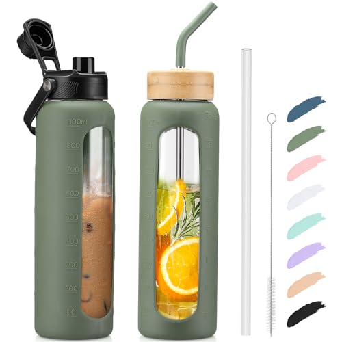 Kodrine 32oz Glass Water Bottle with Straw, Glass Drinking Bottle with 2 lids-Bamboo and Spout Lid, Leakproof Daily Water Intake Bottle with Time Marker for Home,Outdoor Sports, BPA free, Olive - Image 1