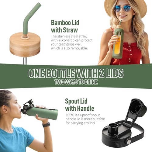 Kodrine 32oz Glass Water Bottle with Straw, Glass Drinking Bottle with 2 lids-Bamboo and Spout Lid, Leakproof Daily Water Intake Bottle with Time Marker for Home,Outdoor Sports, BPA free, Olive - Image 2