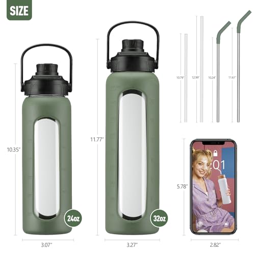 Kodrine 32oz Glass Water Bottle with Straw, Glass Drinking Bottle with 2 lids-Bamboo and Spout Lid, Leakproof Daily Water Intake Bottle with Time Marker for Home,Outdoor Sports, BPA free, Olive - Image 4